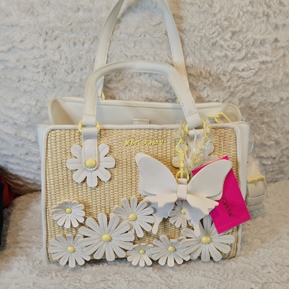 Betsey Johnson Handbags - Betsey Johnson Tan and White Satchel with Butterfly Embellishments